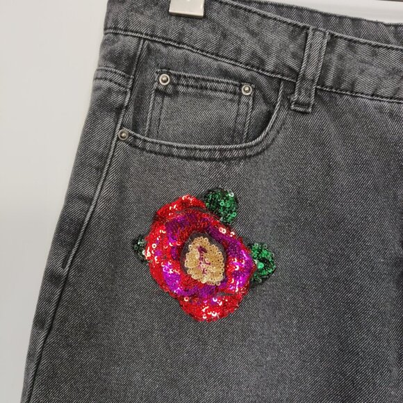 Dazy Women's Wide Leg Pants Size L Gray Cotton Blend Sequins Flowers Casual Chic - Picture 2 of 10